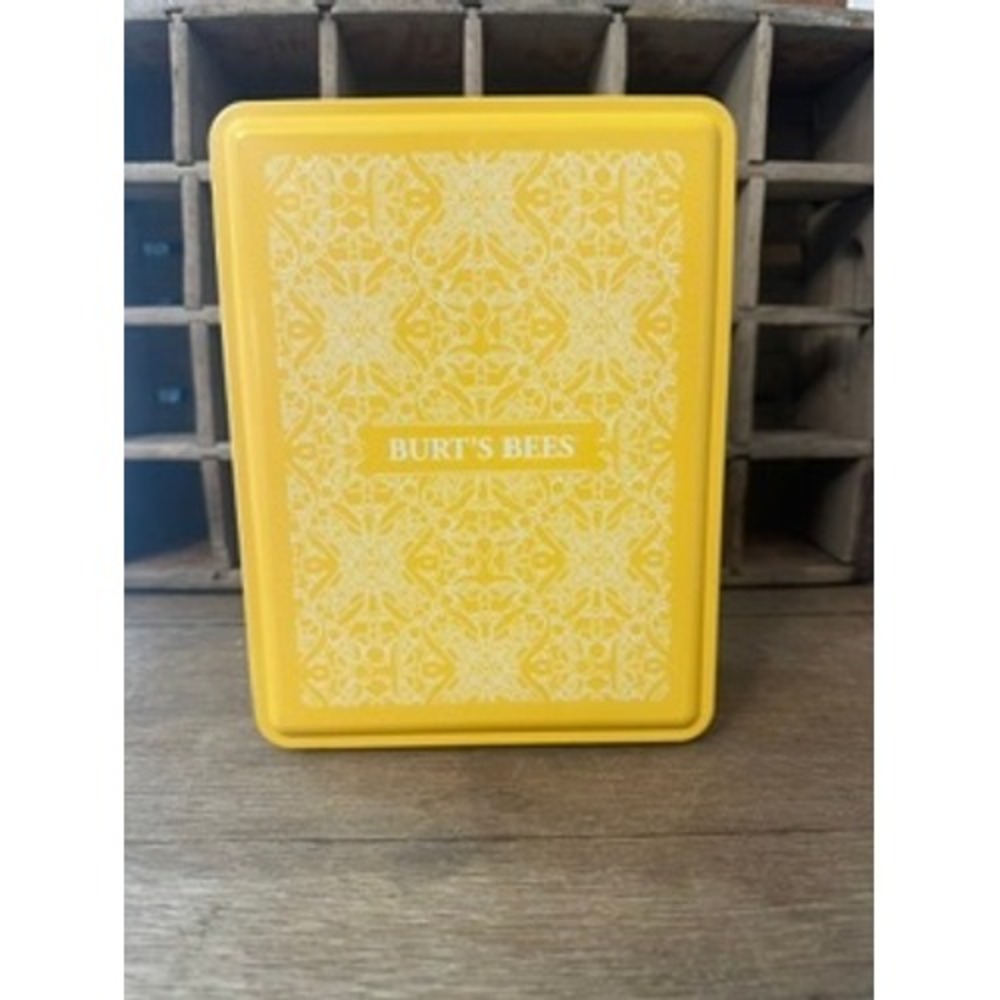 Burt's Bees Empty Yellow Metal Storage Tin Collectible Damask Pattern Lid